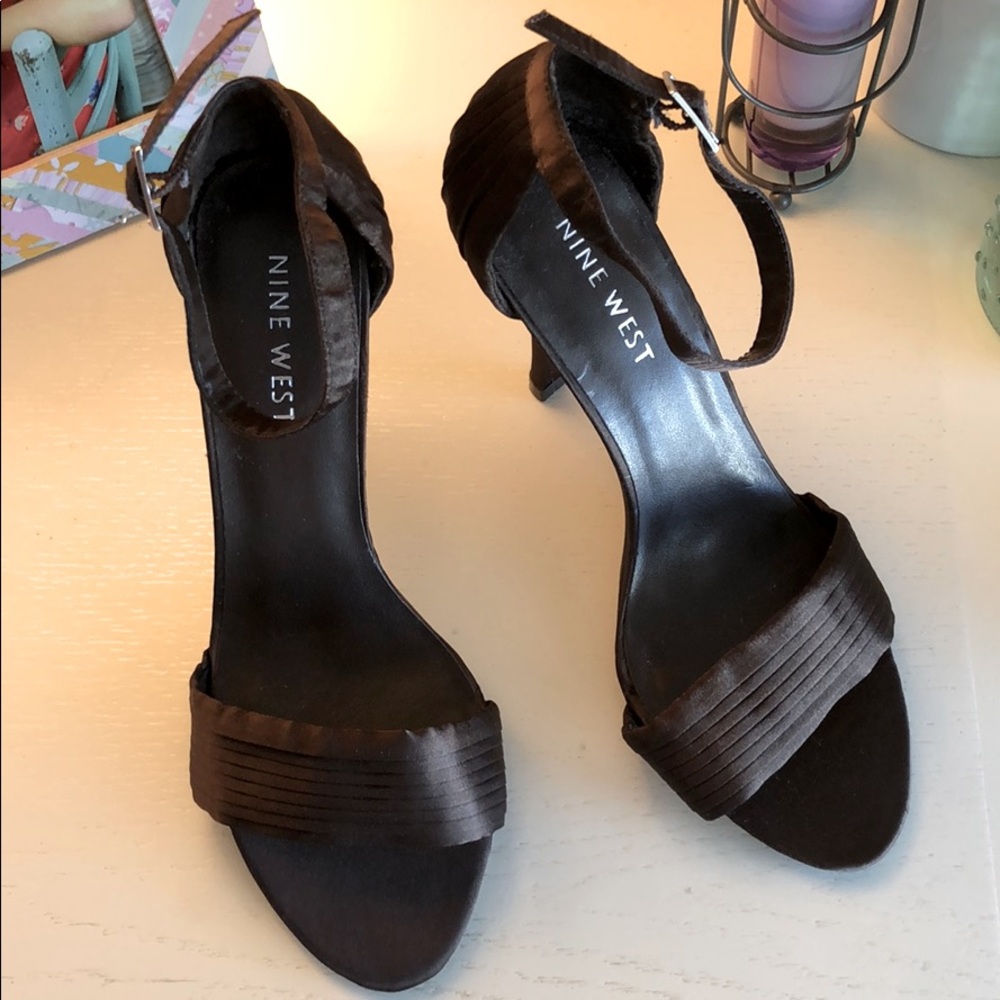 Nine West Black Satin Pleated Ankle-Strap Heels
